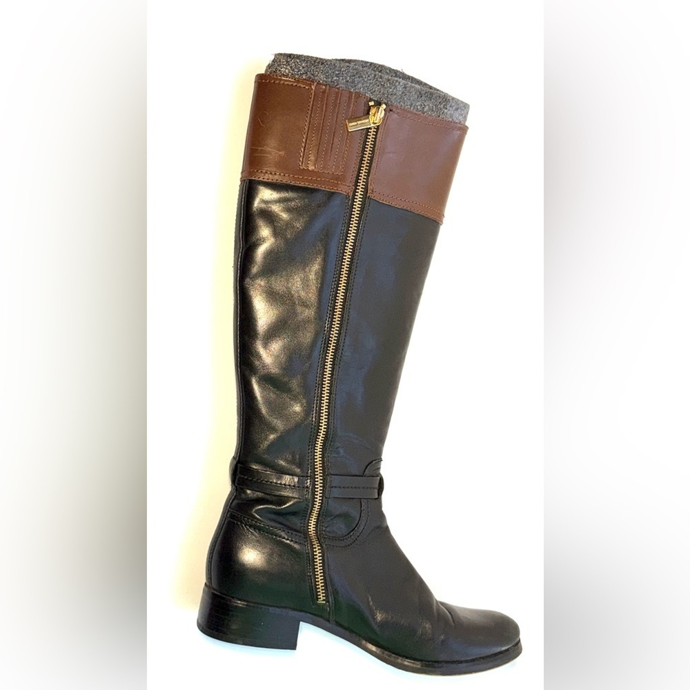 Michael Kors Stockard Two-Tone Black & Mocha Brown Leather Riding Boots - 8 - Picture 4 of 8